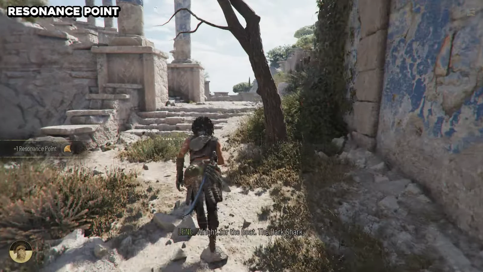 Protagonist walking through ancient ruins as the Resonance Point pickup prompt appears