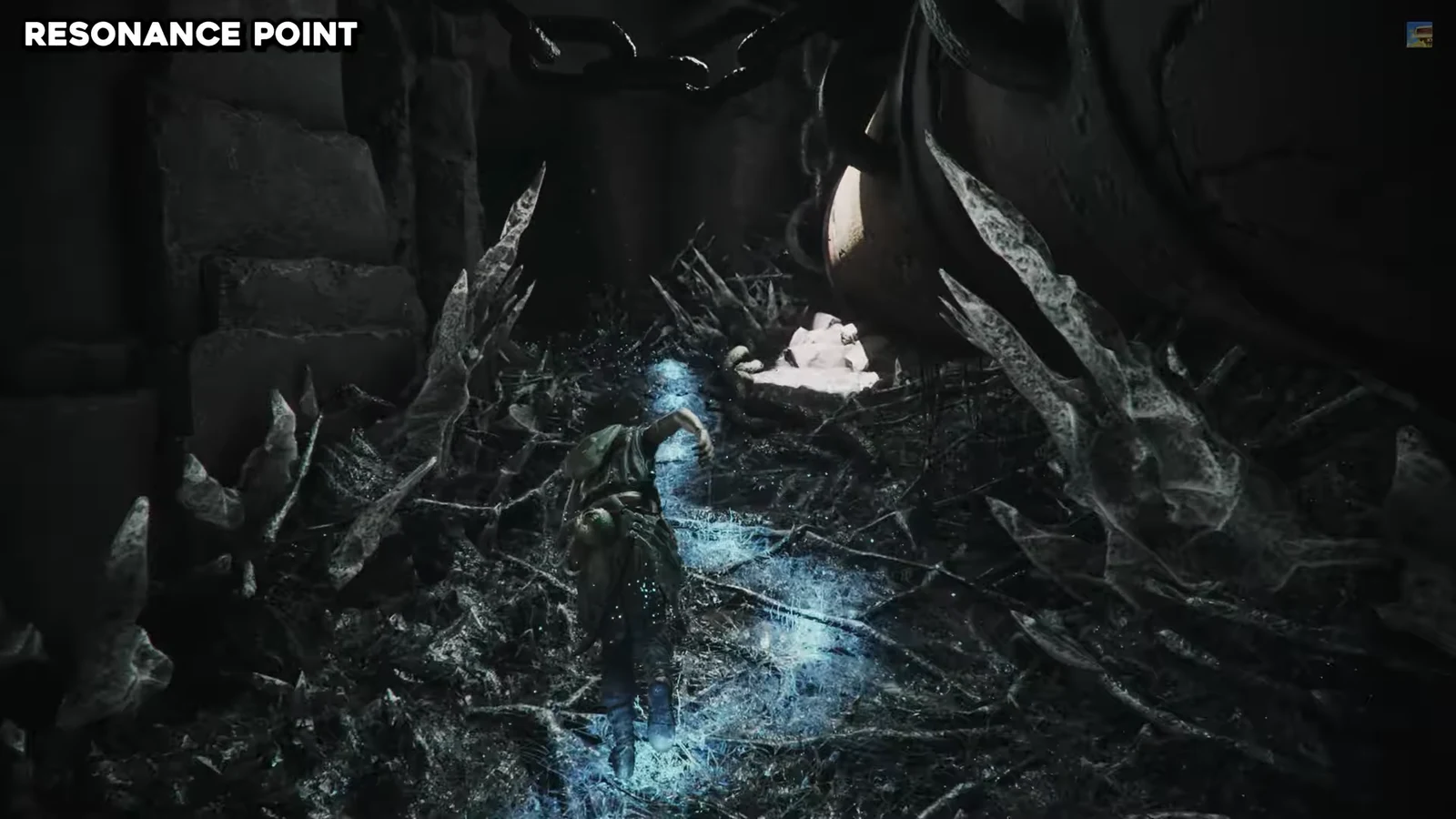 Second Resonance Point glowing inside a dark crystalline cavern passage