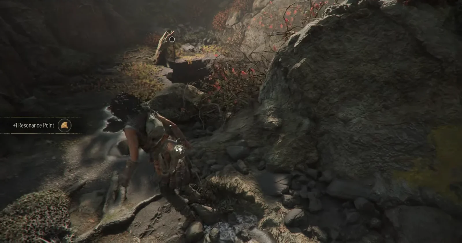 Plus one Resonance Point prompt as Sophia collects the skill point in the rocky stream