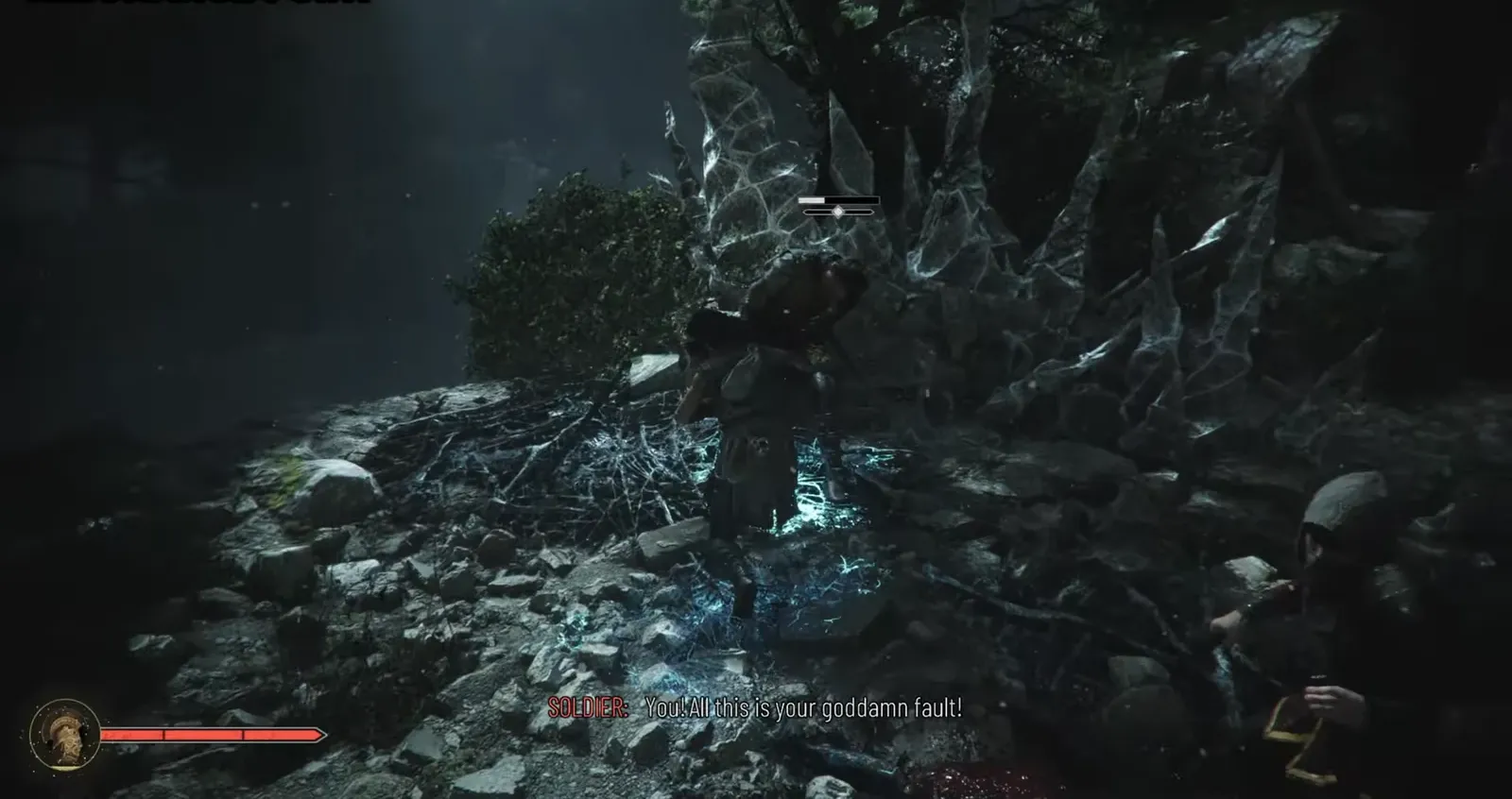Sophia attacking a web-covered crystalline creature with its health bar displayed
