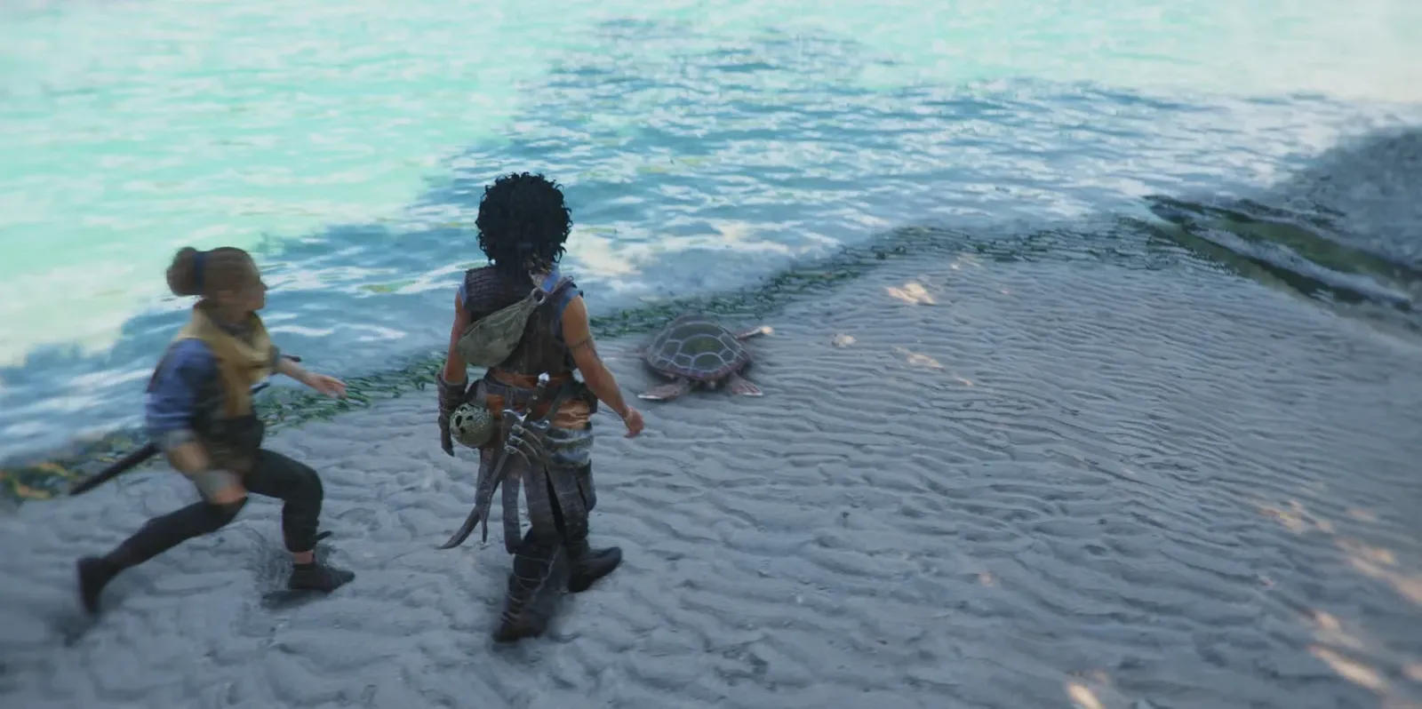 Sophia stands beside a sea turtle on the shoreline at the start of Chapter 3
