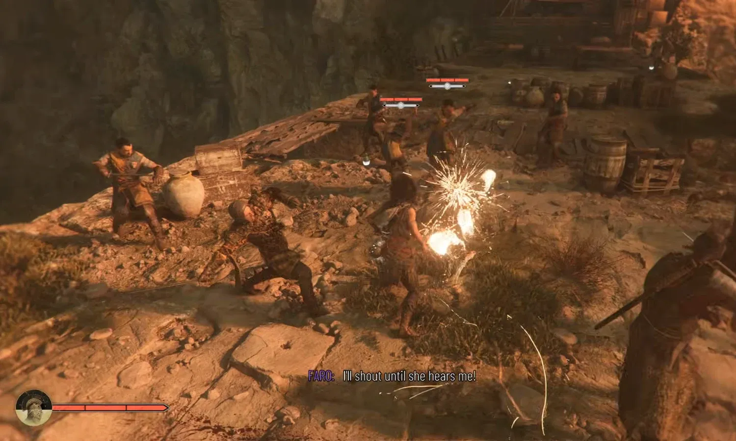 Amicia striking multiple enemies with a fiery attack as their health bars remain on screen
