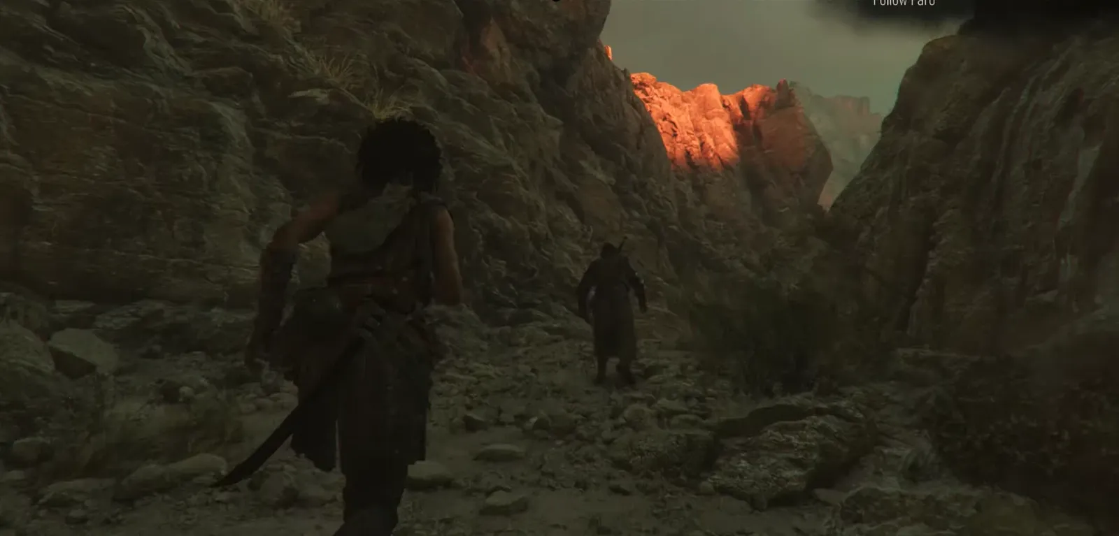 Player crossing the canyon toward the first melee encounter in Chapter 10
