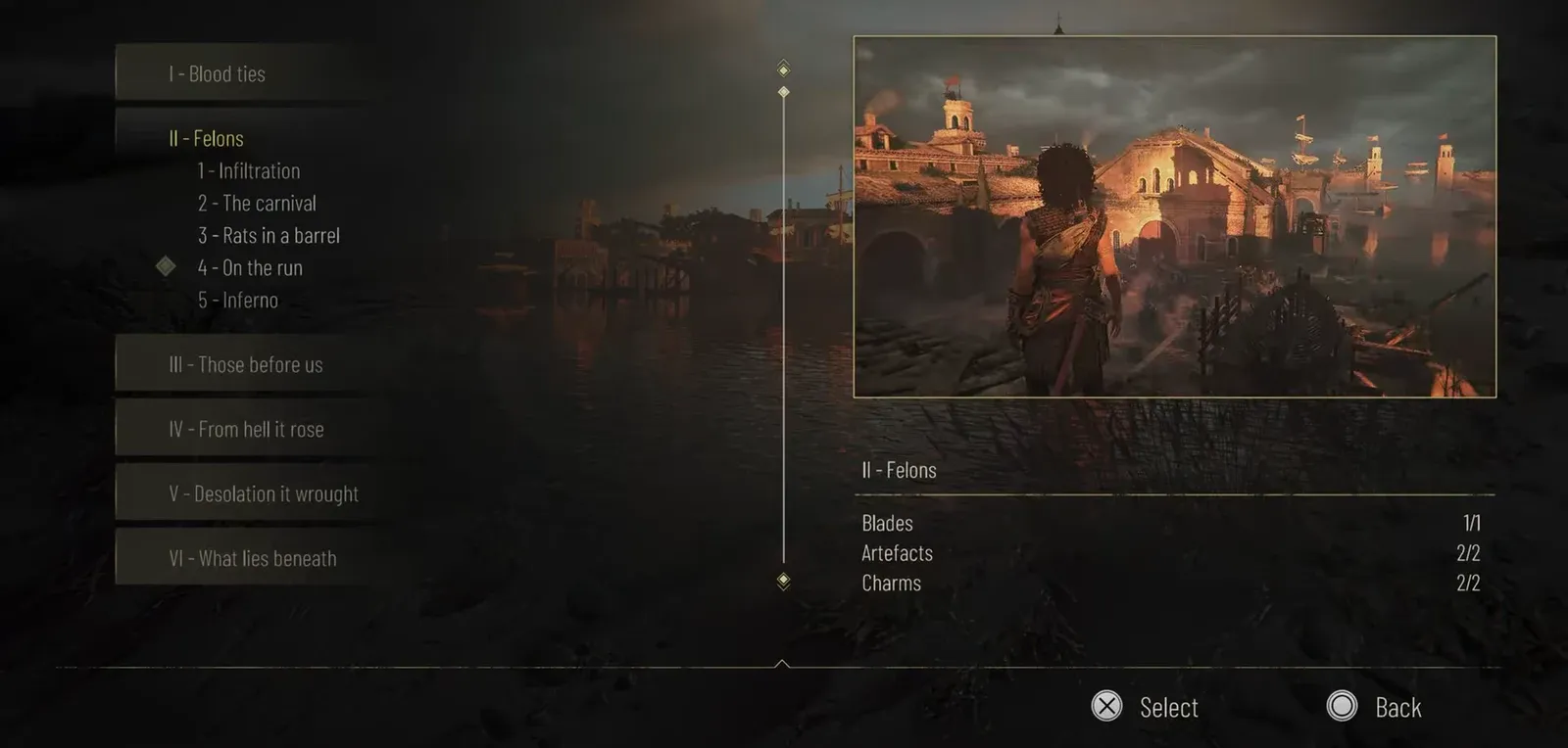 Chapter Selection menu with a sub-chapter highlighted and ready to confirm