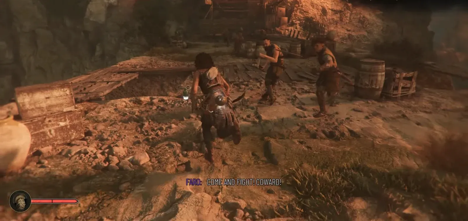 Melee enemies grouped around the player just before the parry chain