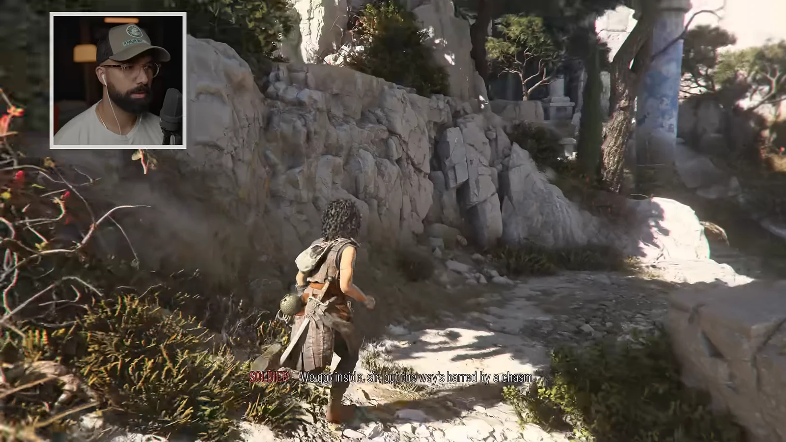 Sophia faces a rocky path blocked by a chasm as a subtitle notes the obstruction