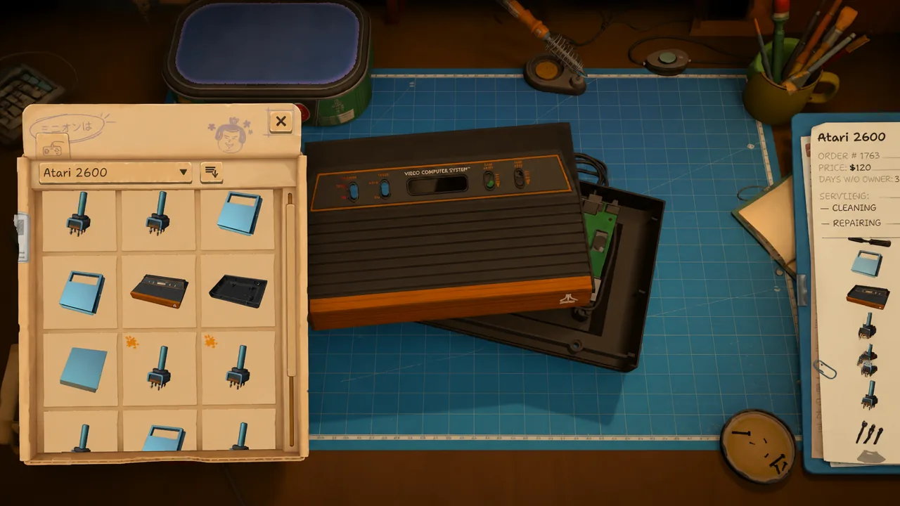 Atari 2600 disassembled with its parts inventory open