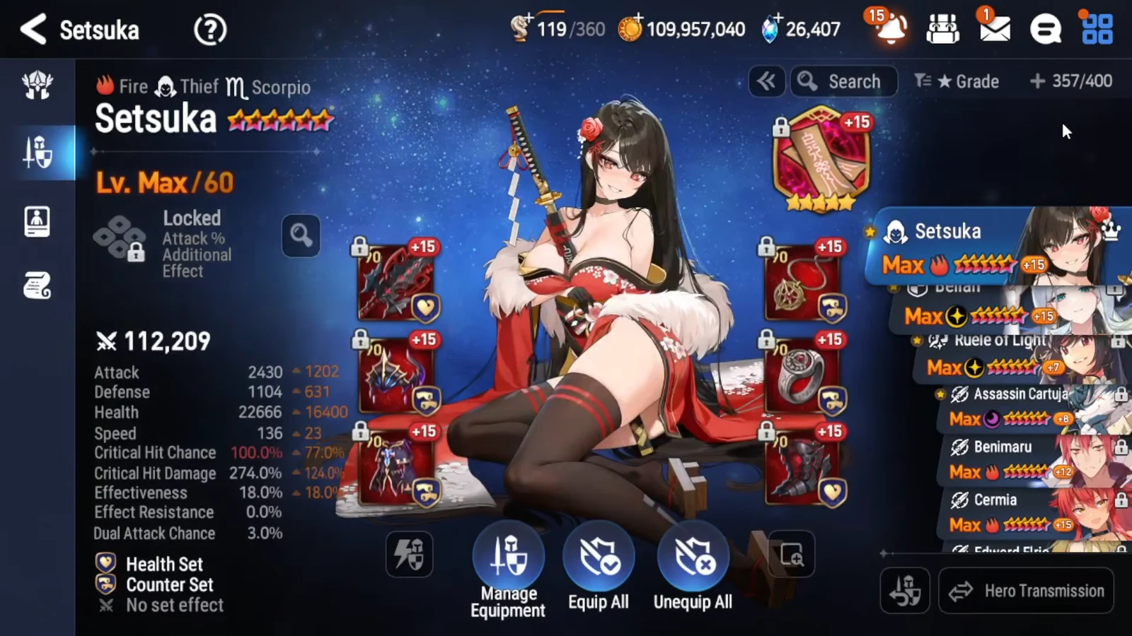 Setsuka's equipment screen showing equipped gear and the Manage Equipment button