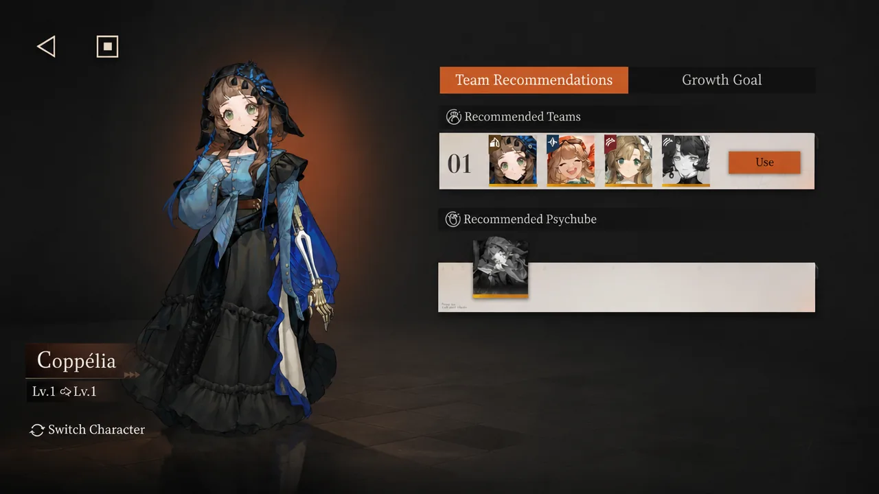 Coppelia's recommended team on the Team Recommendations tab