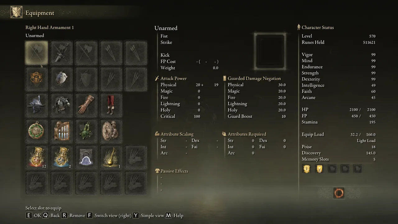 The Elden Ring equipment screen with the right hand armament slot highlighted