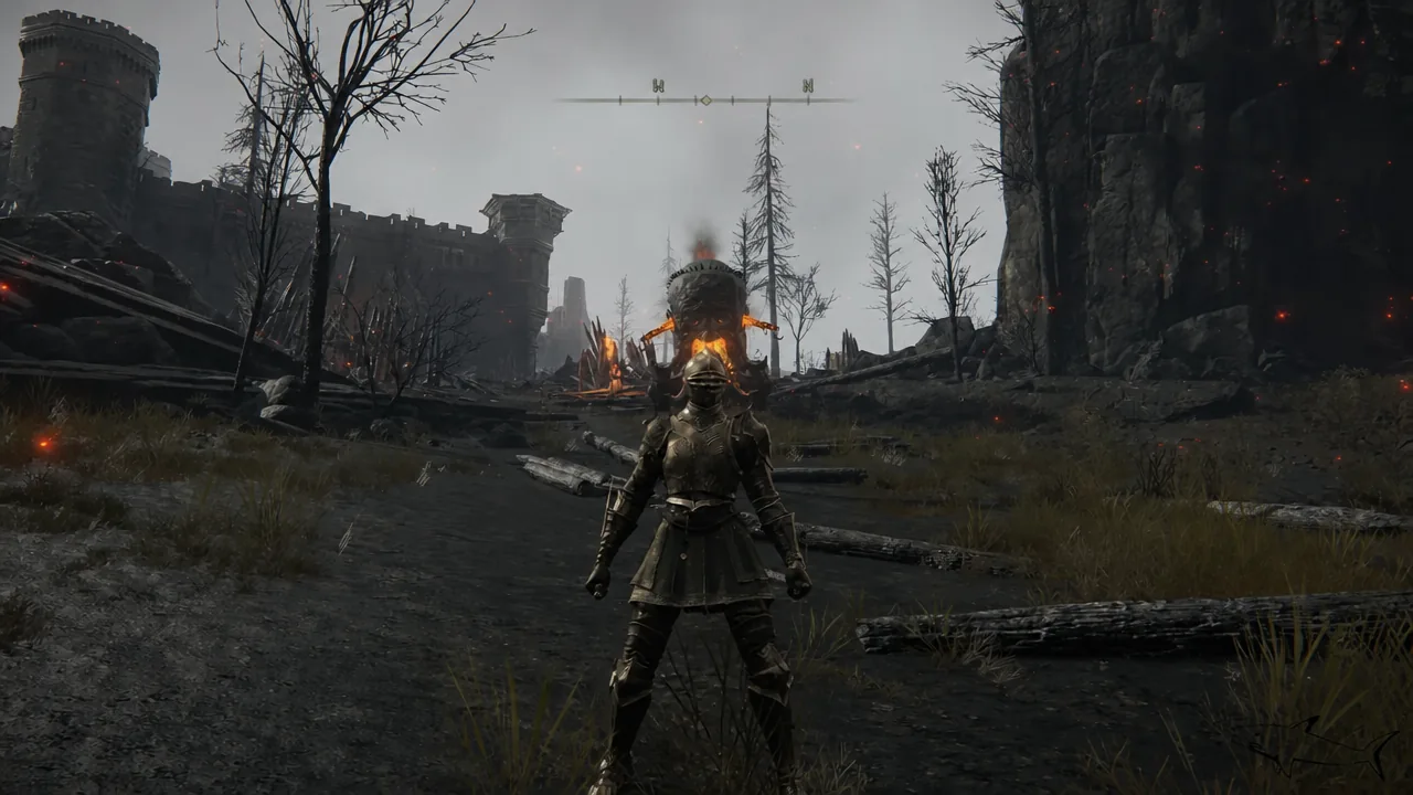 Armored character with the compass HUD visible fighting across a burning fortress area