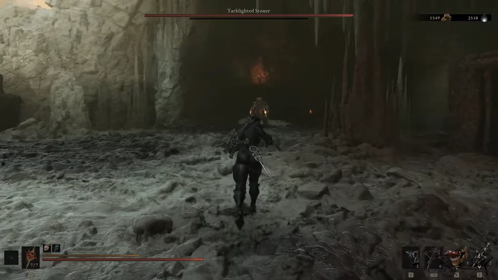 Harbinger advancing through a cavern toward the Tarblighted Sinner during the boss fight