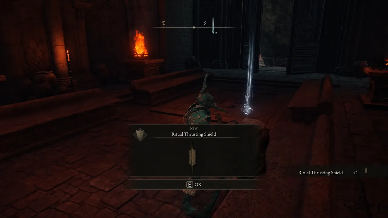 Item pickup screen showing the Ritual Thrusting Shield marked as NEW with a confirmation button