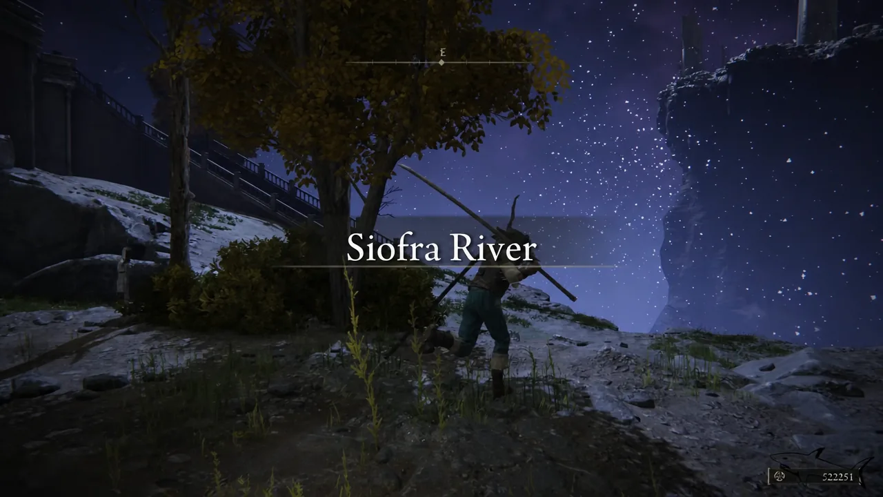 The Siofra River area title card appearing on screen as the player enters the underground region