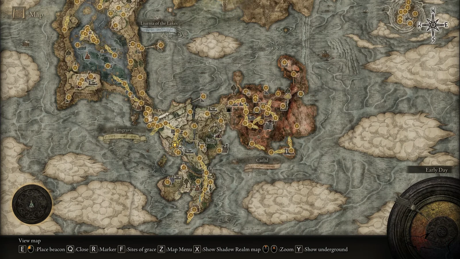 Elden Ring map screen with the cursor over the Lands Between and discovered Sites of Grace visible