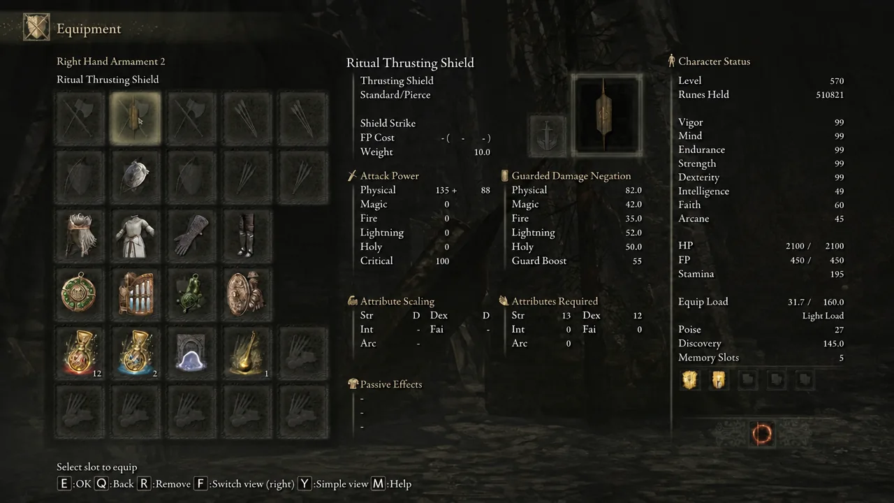 Equipment menu with the Ritual Thrusting Shield selected in the Right Hand Armament 2 slot, showing its stats