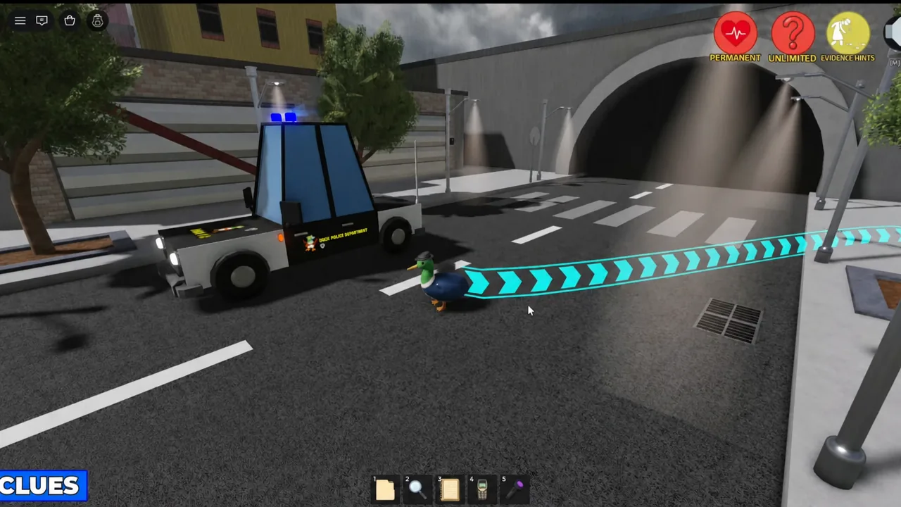 Detective duck following the cyan clue trail past the police car toward the tunnel