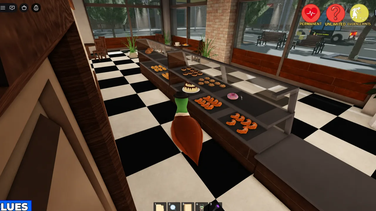 Player holding an item in inventory slot 3 while walking past the bakery pastry display