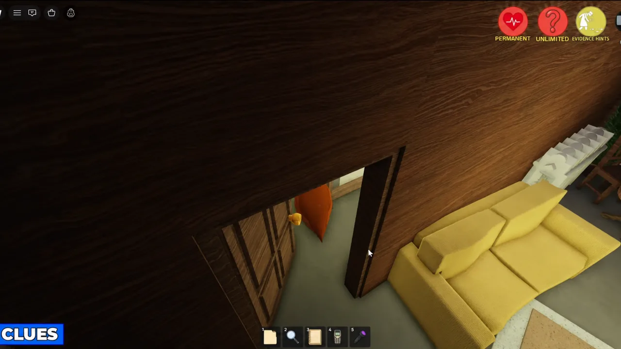 Player standing at an apartment doorway with the cursor on the door edge during the investigation