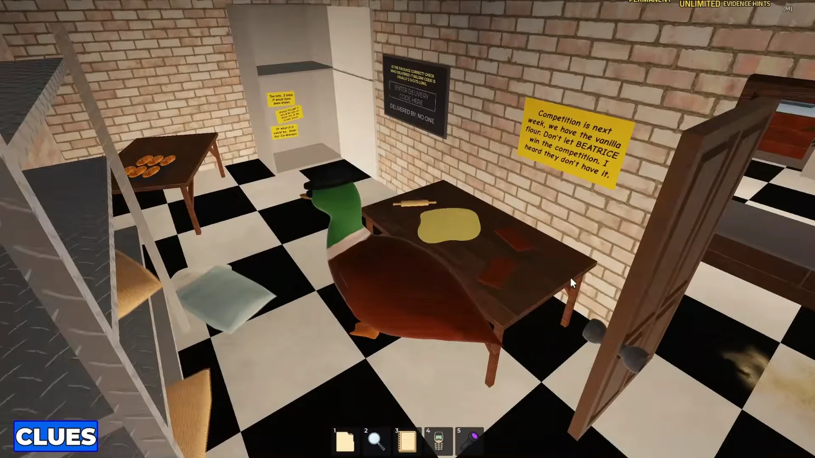 Clues mode active over the bakery kitchen table with dough, a rolling pin, and the delivery code clue