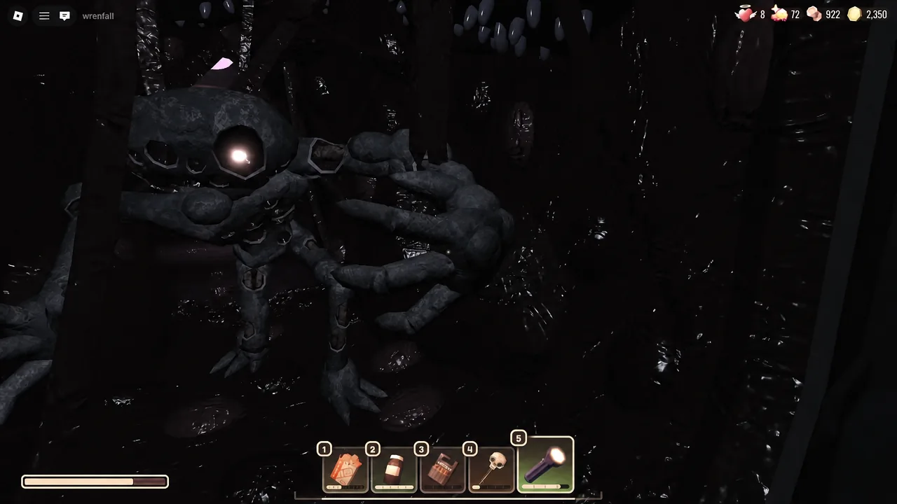 Flashlight from hotbar slot five aimed at a large figure in a dark space