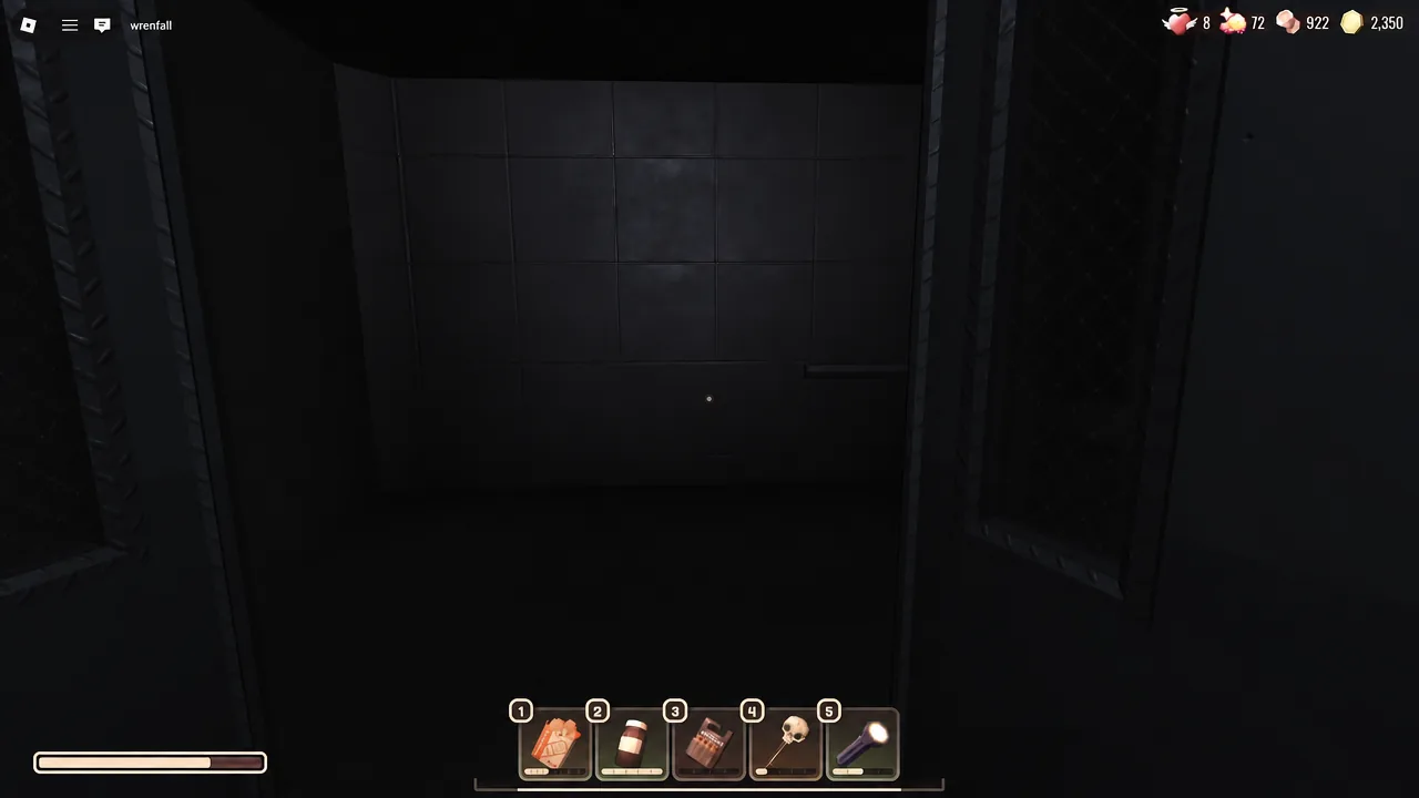 Five-slot Doors hotbar with the flashlight selected while facing a closed door