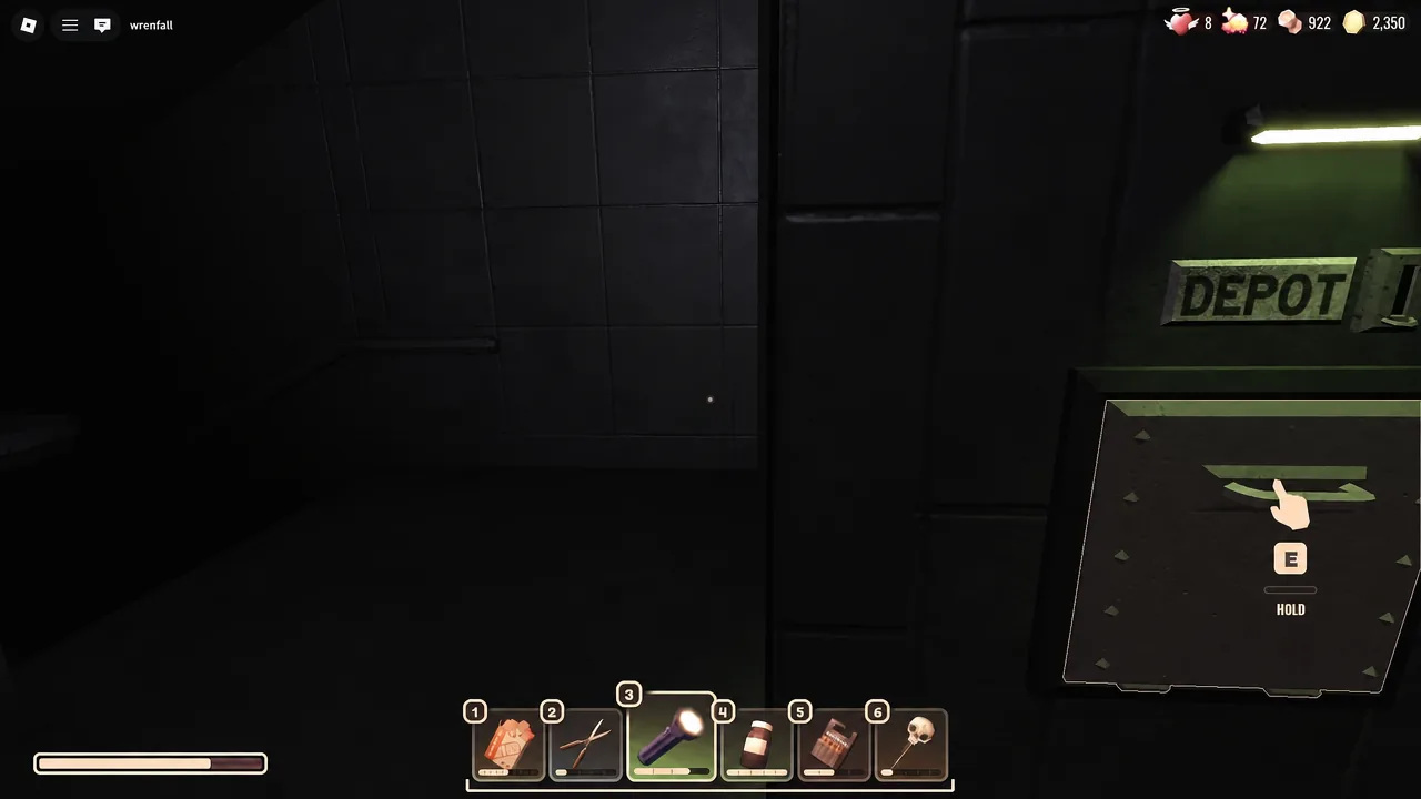 Interaction panel highlighting the E key and HOLD prompt to use a station