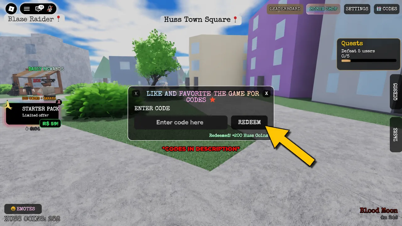 Instructions on redeeming Roblox Escape Huss Valley with coloured directional arrows