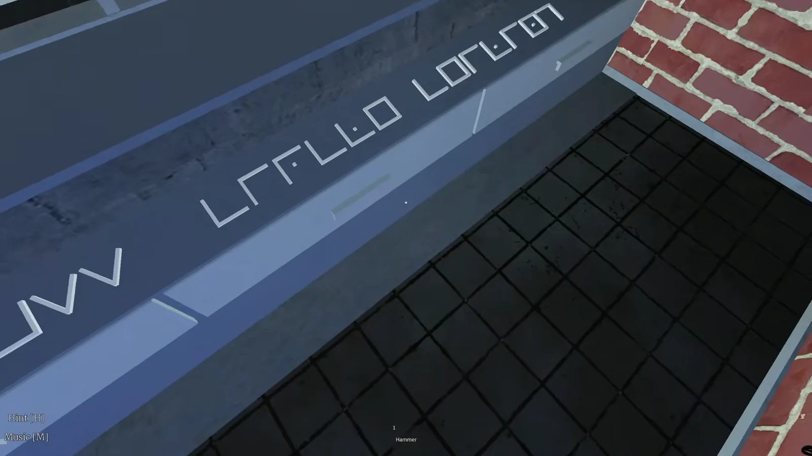 First-person view with the Hammer equipped, aimed at a rooftop ledge next to a brick wall