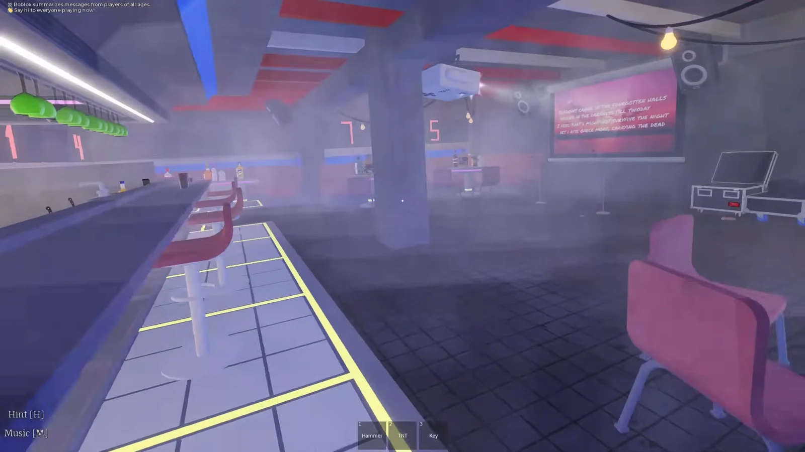 Roblox bowling alley interior with the Hammer selected in the inventory in a foggy arcade area