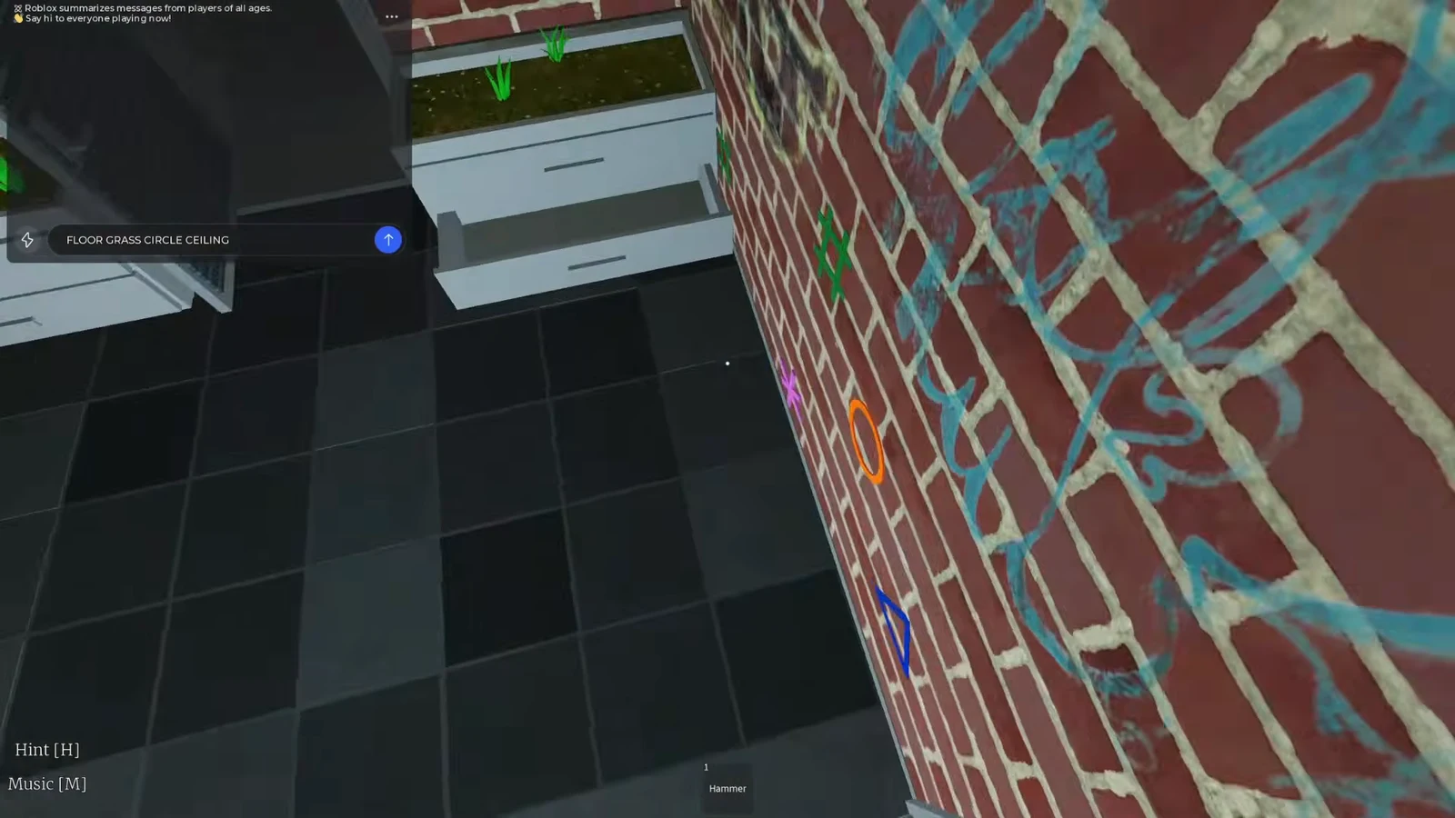 Command bar showing FLOOR GRASS CIRCLE CEILING with a blue submit arrow
