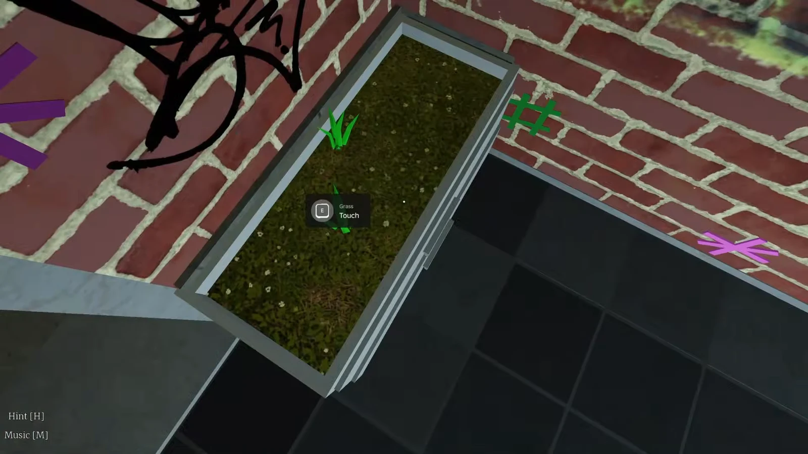 A Grass interaction prompt with the E key floating over a planter