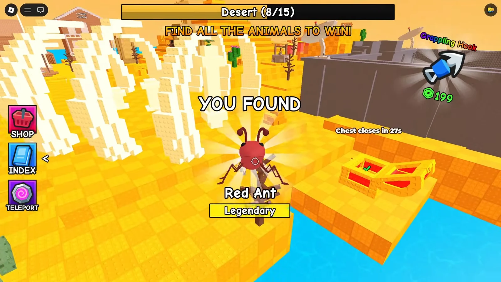 Desert zone showing a Legendary Red Ant collected next to an opened red chest