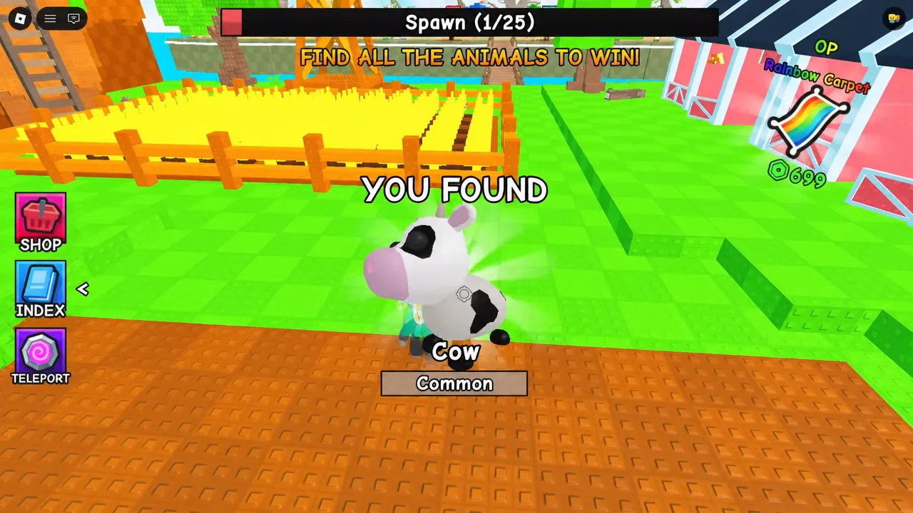 Spawn zone counter at 1 of 25 with a YOU FOUND banner for the Common Cow