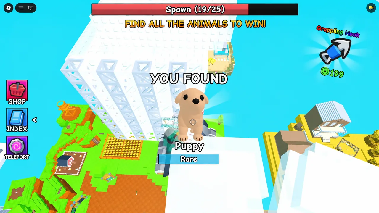 YOU FOUND result screen showing the Rare Puppy collected on the sky platforms
