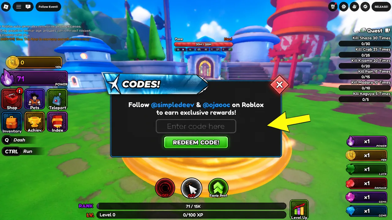 A code entry field open in a game menu, ready for a promotional code before confirming redemption.