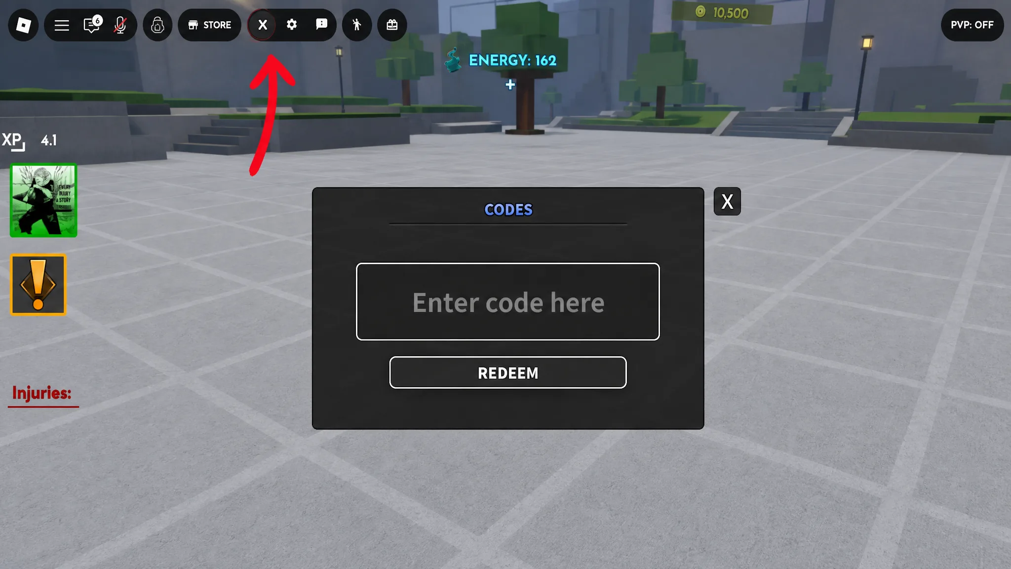 The codes redemption window open in Heal Your Injuries with an entry box for typing a code