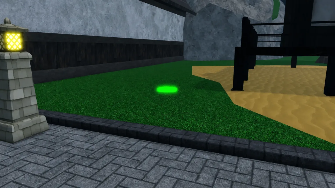 Green glowing Reiatsu pickup on the grass beside the stone walkway at Jujutsu High School