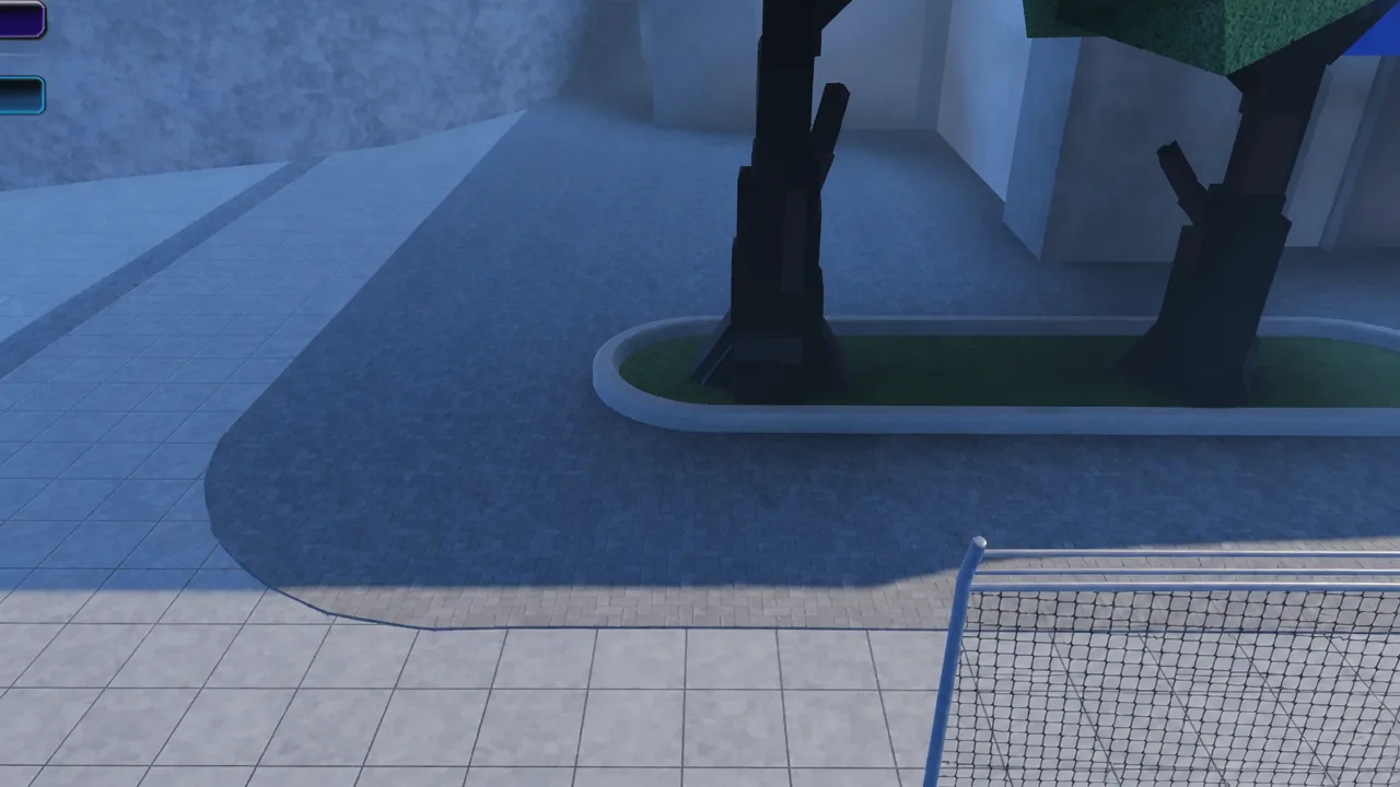 Gameplay view of a tennis court at Shinjuku Showdown looking toward the net