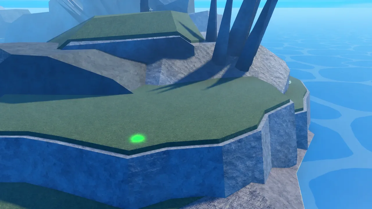 Green Reiatsu collectible on a raised grassy cliff platform on Fossil Island
