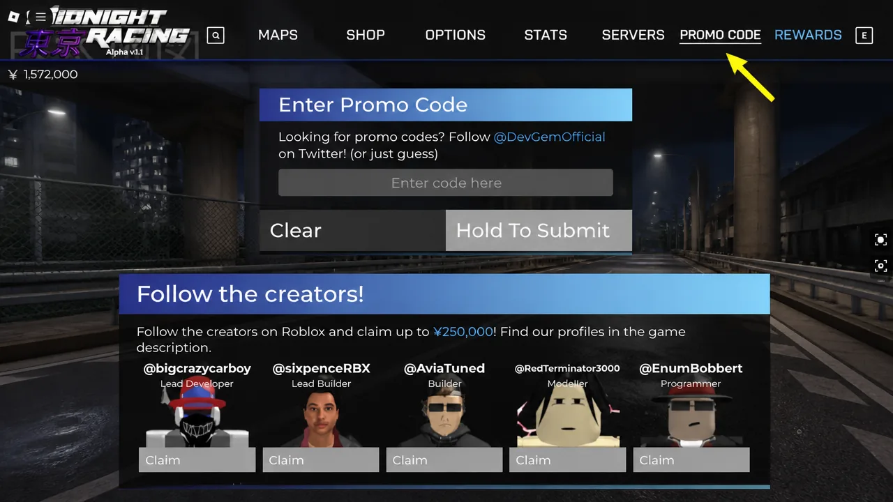 midnight racing tokyo codes redemption section