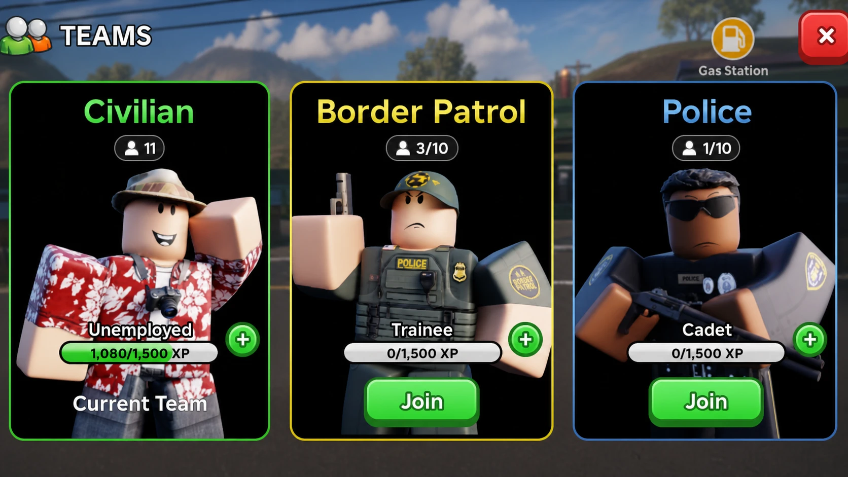 The available Teams in San Diego Border Roleplay Roblox