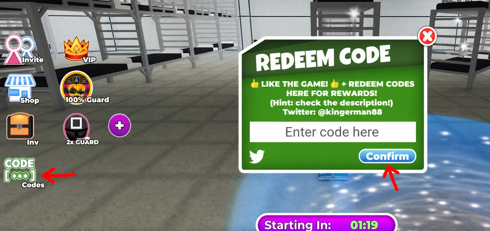 Squid Game codes redeem section