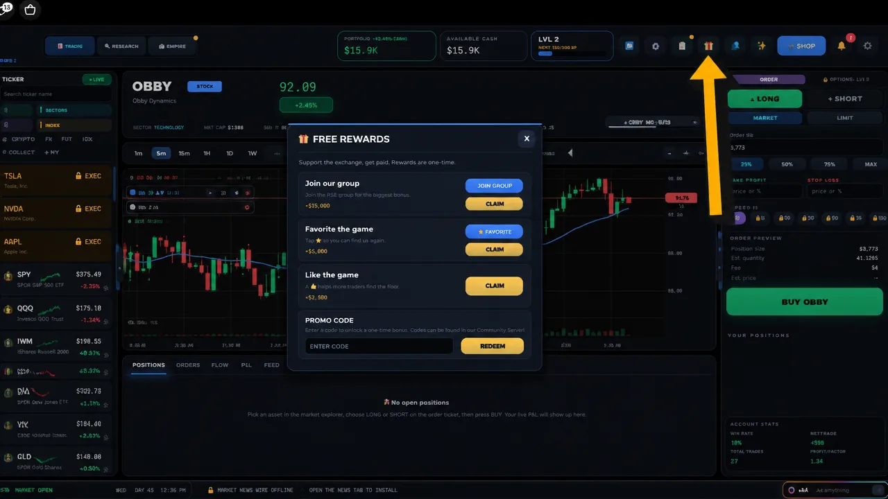 Trading dashboard with the free rewards dialog open and the gift icon marked by an arrow