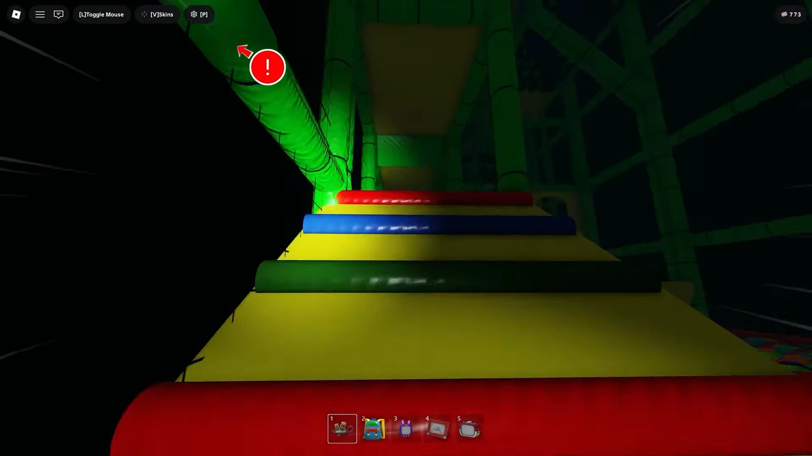 Player climbing colored platforms with a red exclamation marker warning of a lever or hazard ahead