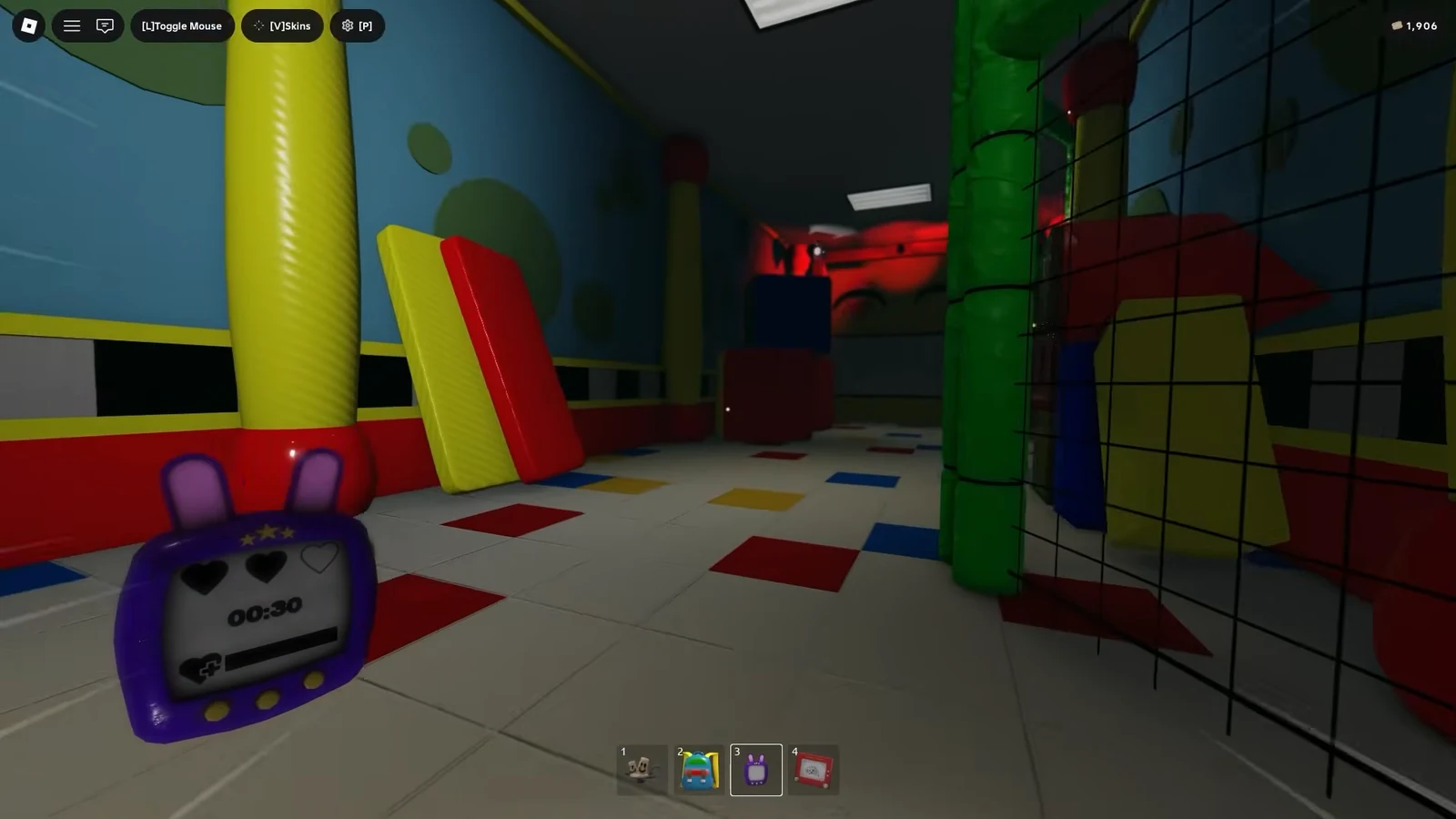 Bright play area with hotbar slot 3 highlighting the purple bunny timer device