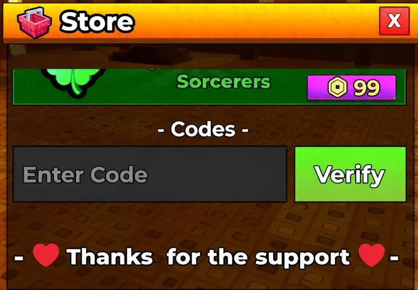 Store menu with the Enter Code field and Verify button for redeeming a code