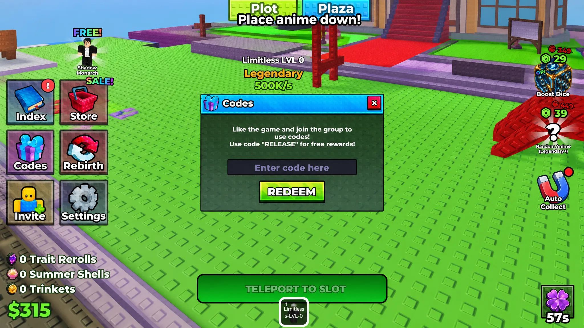 Roll Anime the codes tab