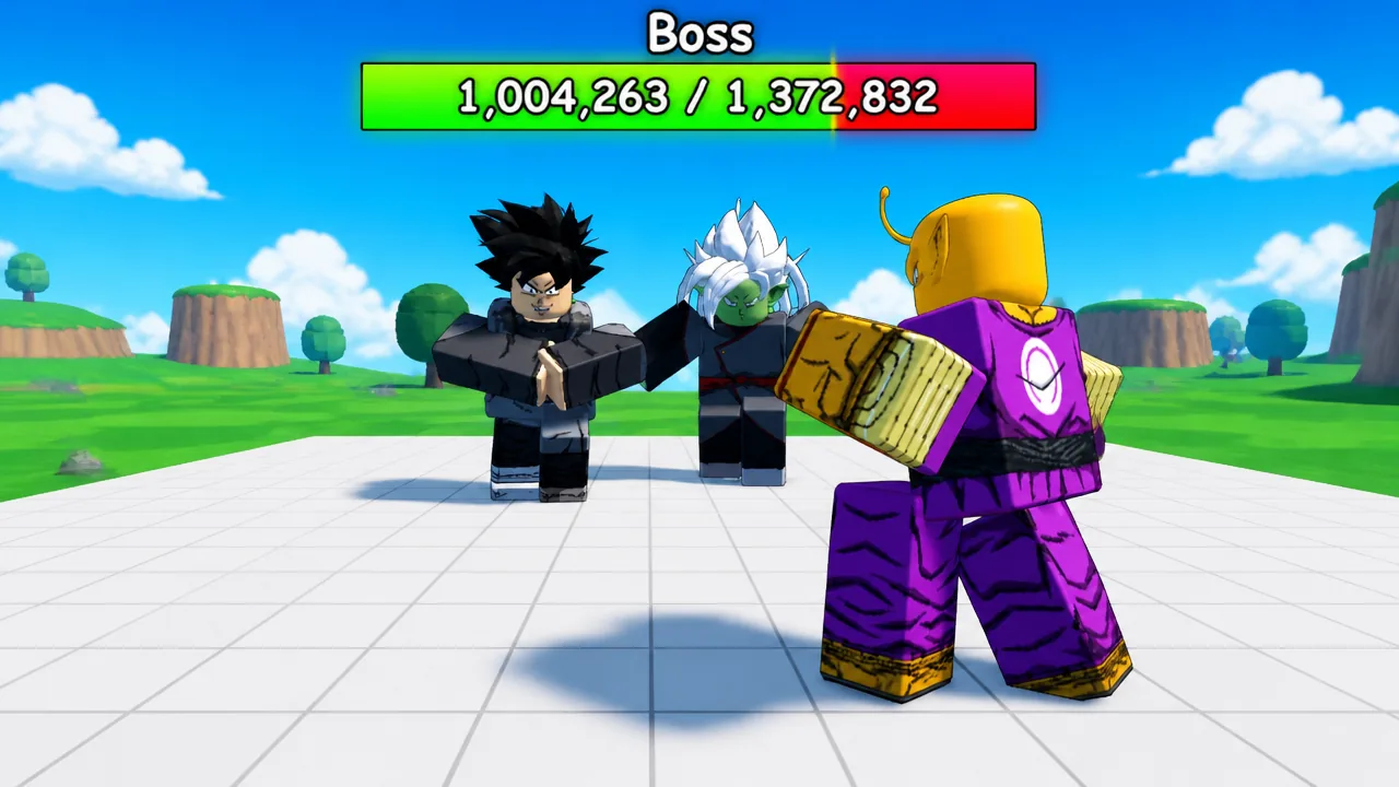 A team of fighters attacking a boss with a large health bar