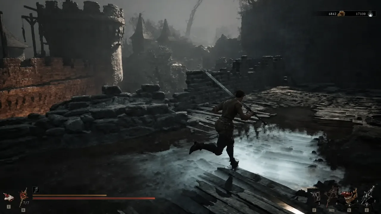 Player running across a castle rooftop with a sword in the Ruins of Nochte
